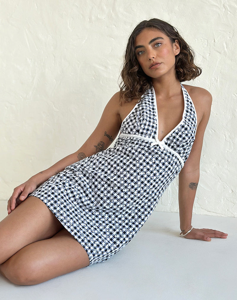 Corla Minikleid aus schwarzem Gingham mit Blumenmuster