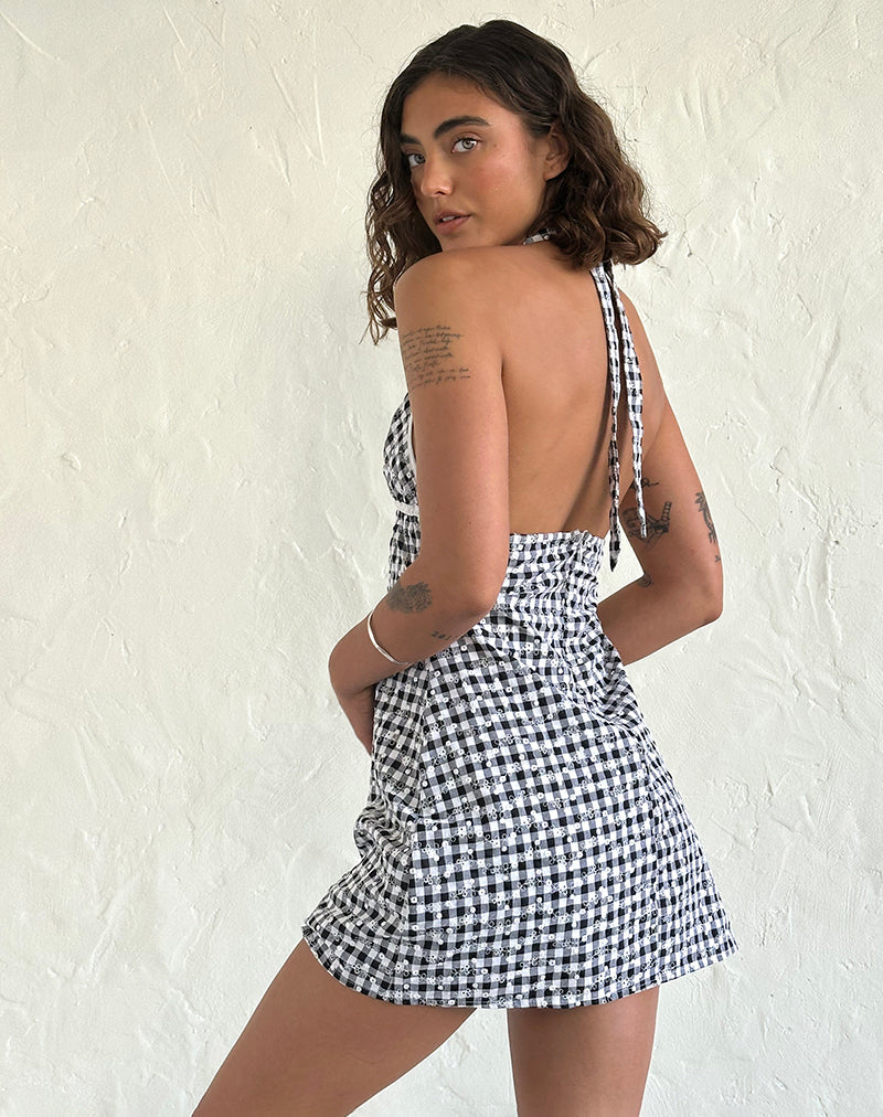 Image of Corla Minikleid aus schwarzem Gingham mit Blumenmuster