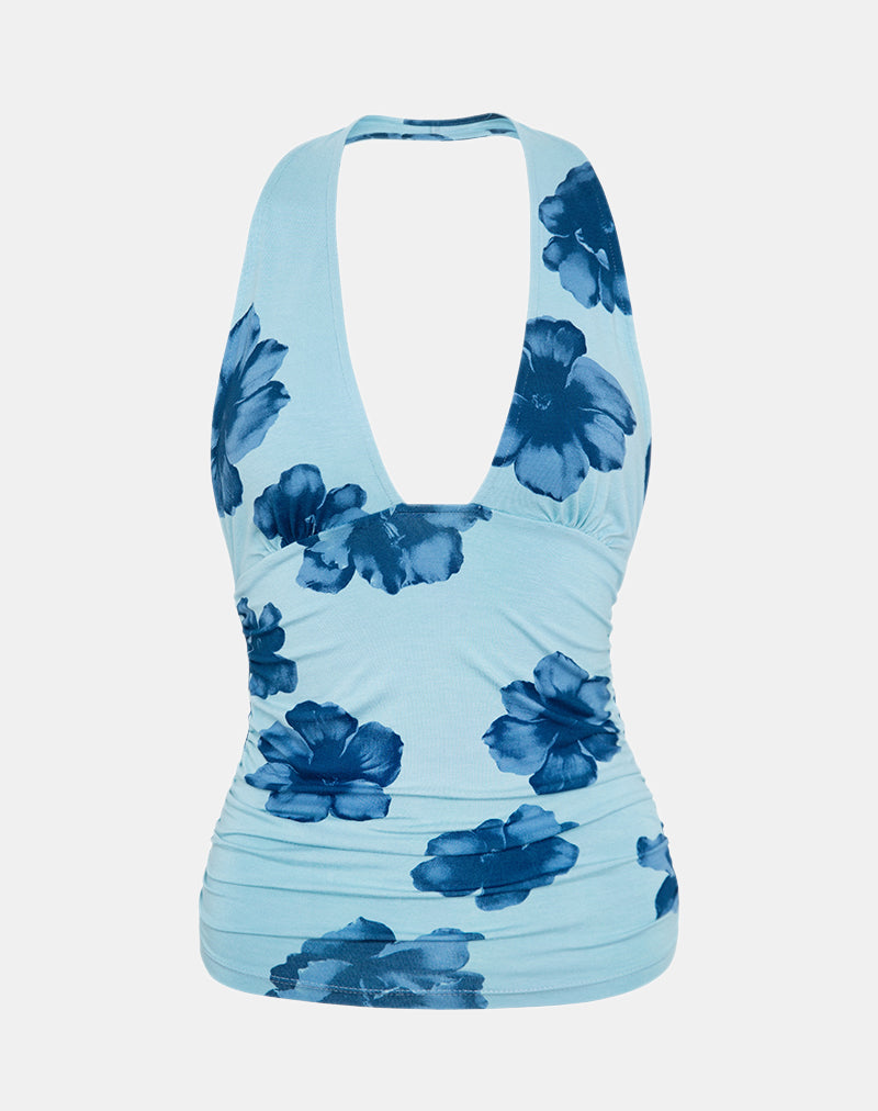 Cosimo Neckholder-Top in Bold Floral Blau
