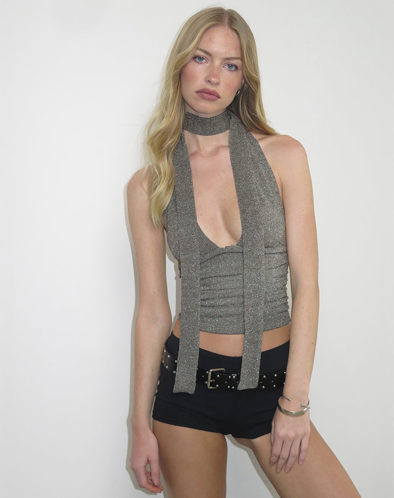 Cosimo Neckholder-Top mit Schal aus Glitzerstrick in Khaki