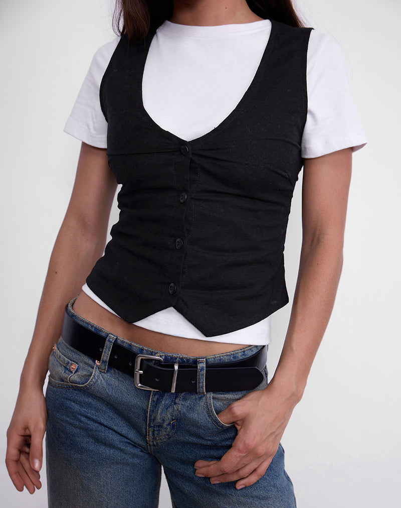 Image of Cyna Button Through Vest Top aus schwarzem Leinen