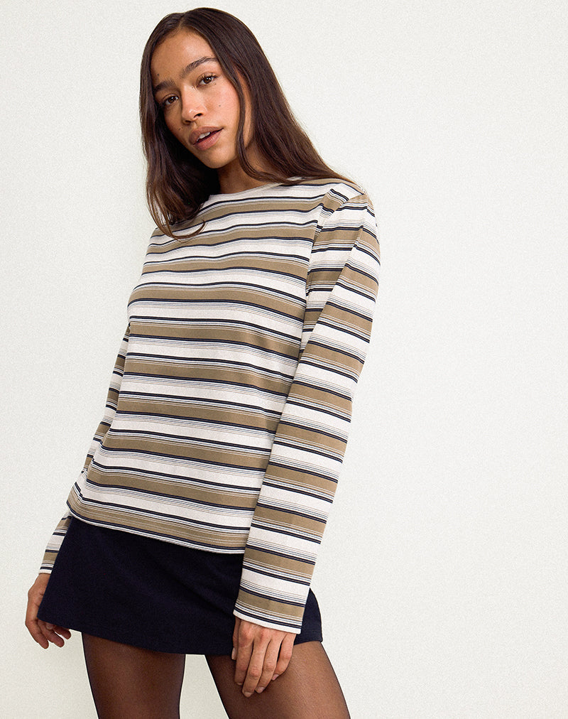 Dafika Langärmeliges Jersey-Top in Braun und Weiß gestreift