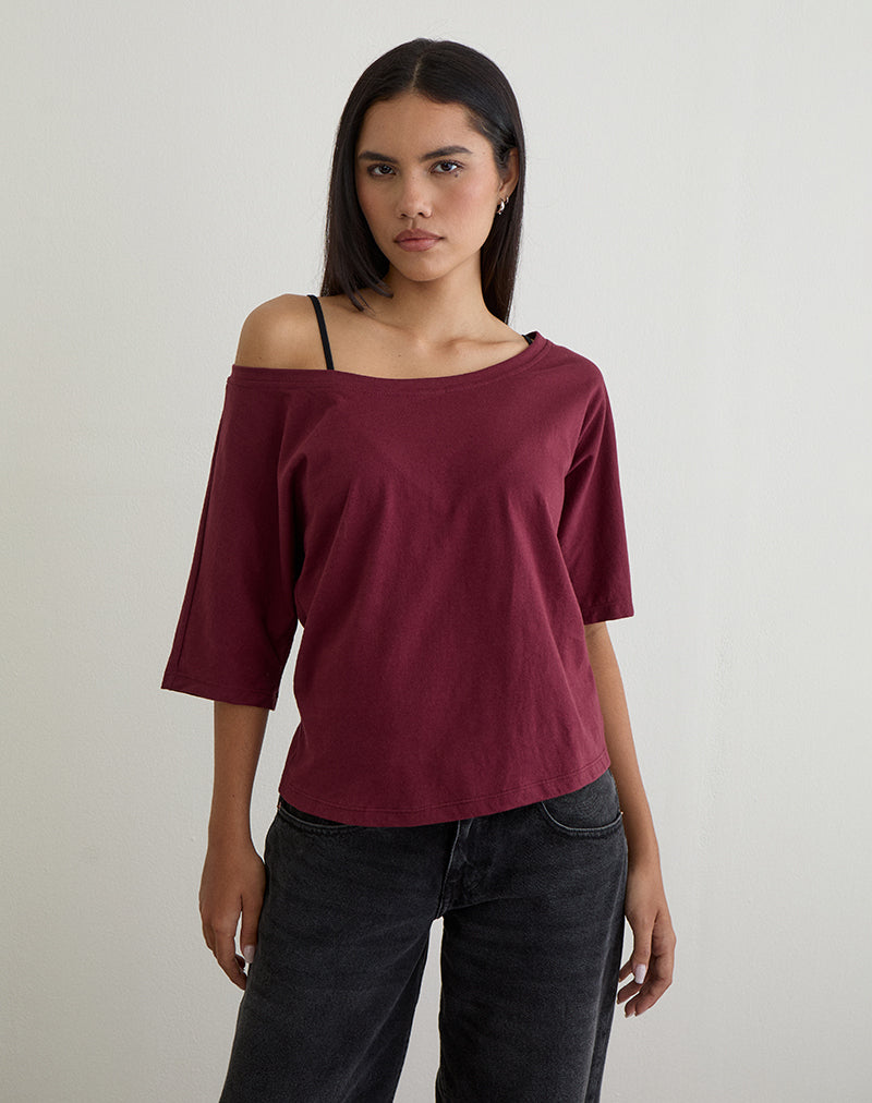 Daimin Schulterfreies Top aus Jersey in Maroon