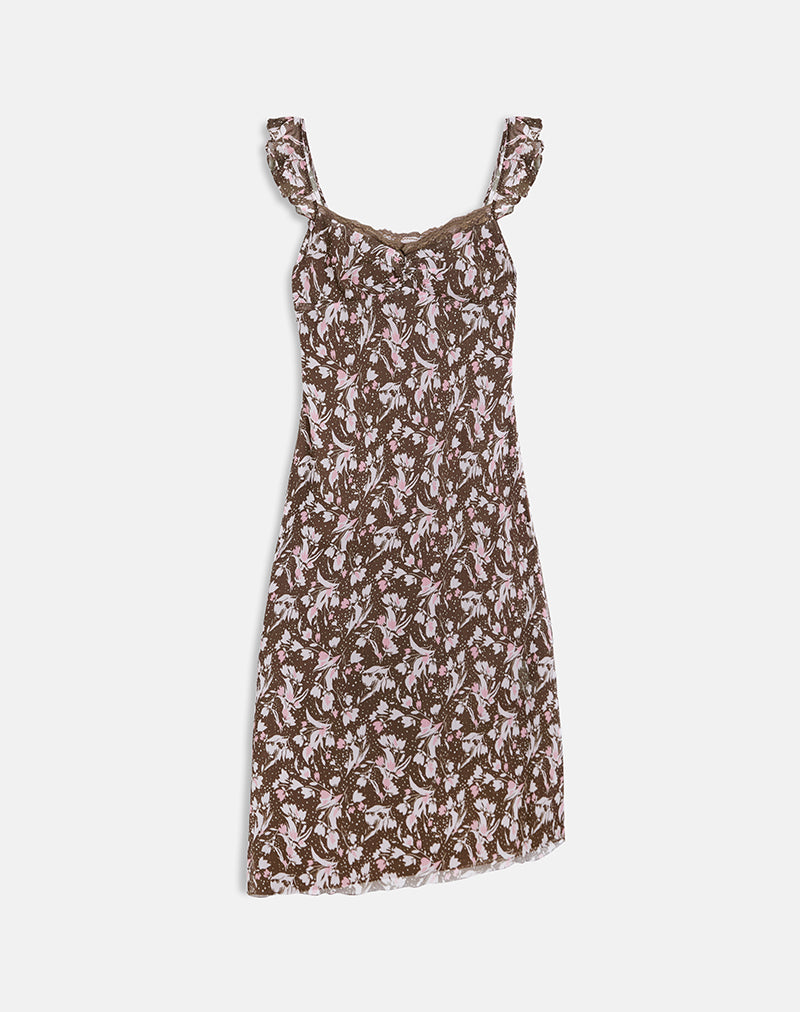 Image of Daita Midikleid aus braunem und rosa Polka-Blumen-Chiffon