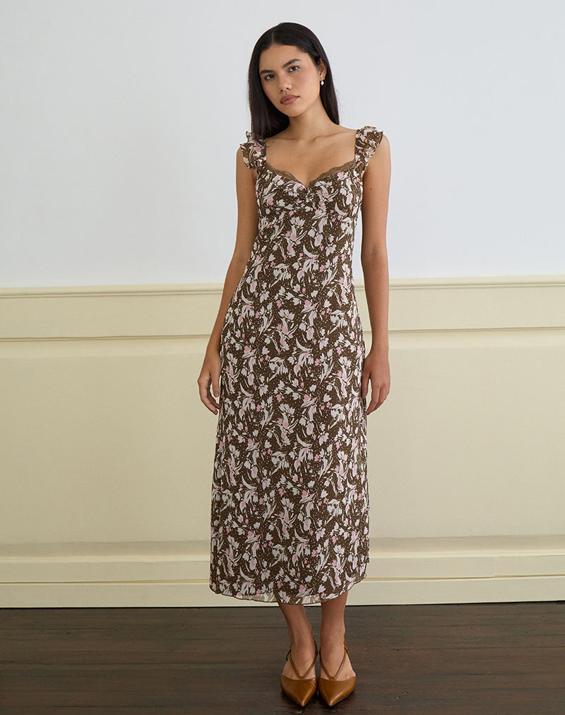 Image of Daita Midikleid aus braunem und rosa Polka-Blumen-Chiffon