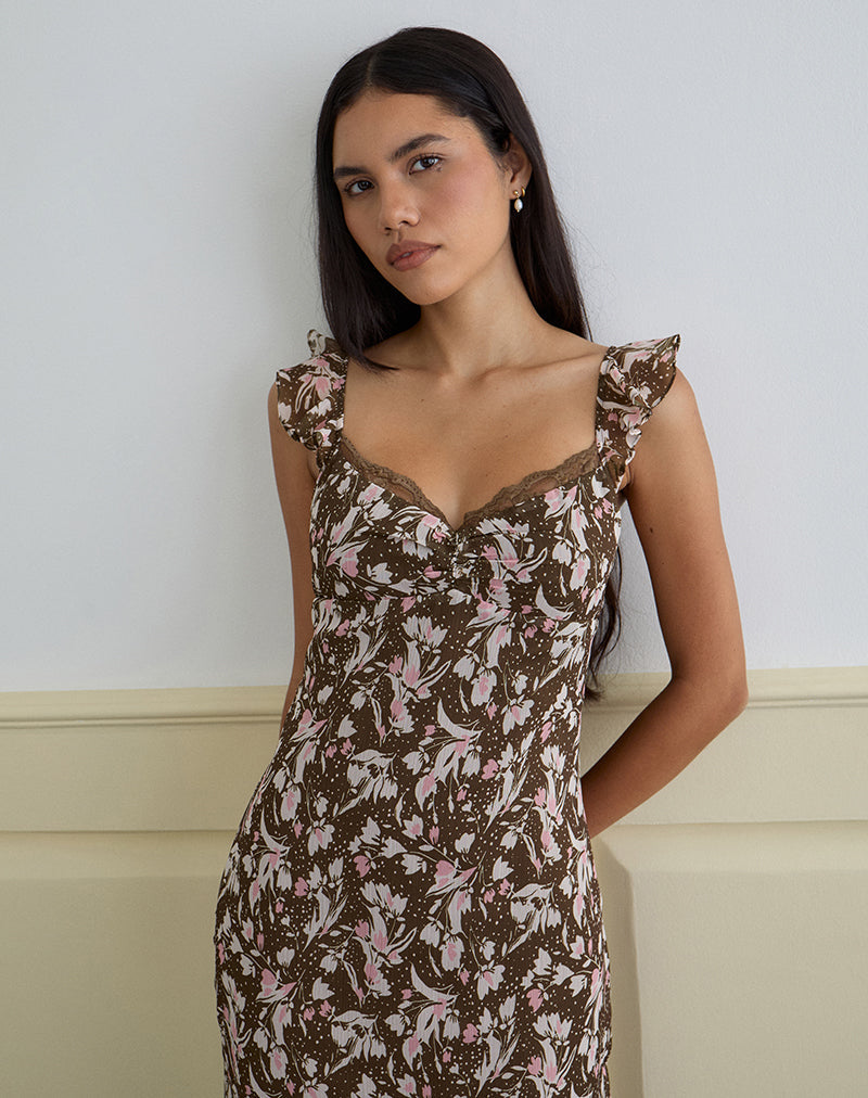 Image of Daita Midikleid aus braunem und rosa Polka-Blumen-Chiffon