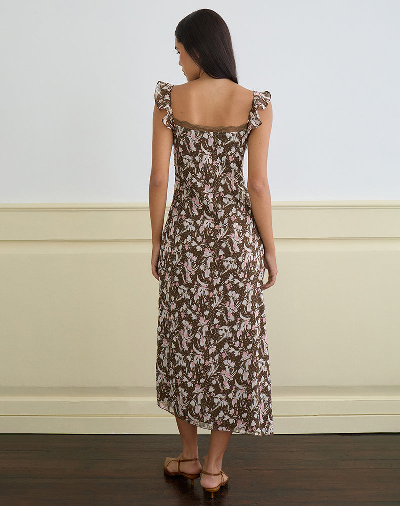 Image of Daita Midikleid aus braunem und rosa Polka-Blumen-Chiffon