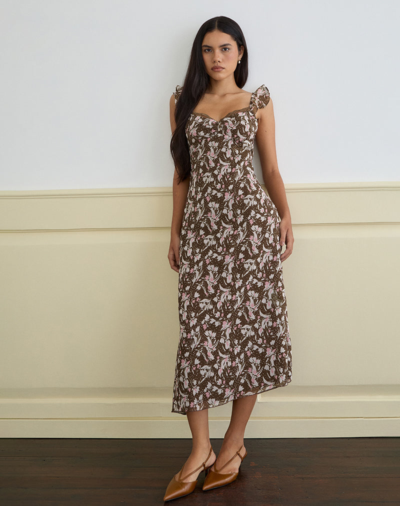 Daita Midikleid aus braunem und rosa Polka-Blumen-Chiffon