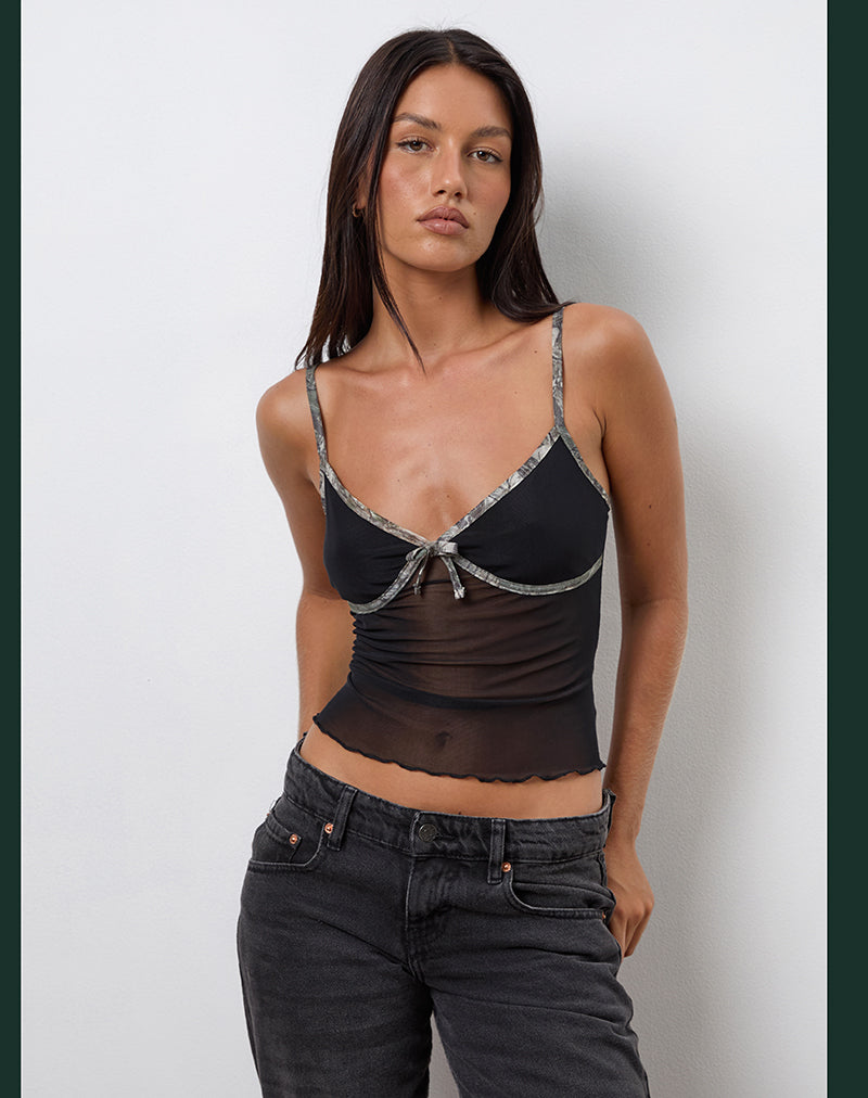 Image of Dalan Cami Top aus schwarzem Mesh mit Waldtarnbesatz