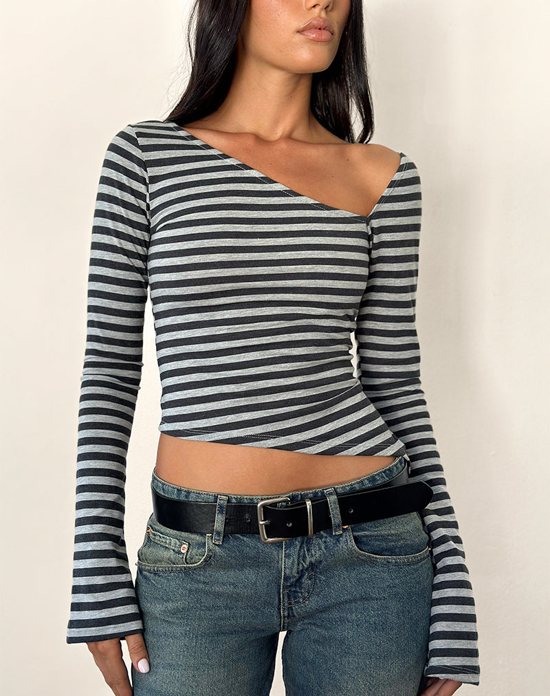 Image of Dalene Asymetrisches Langarm-Top in Grau und Schwarz gestreift
