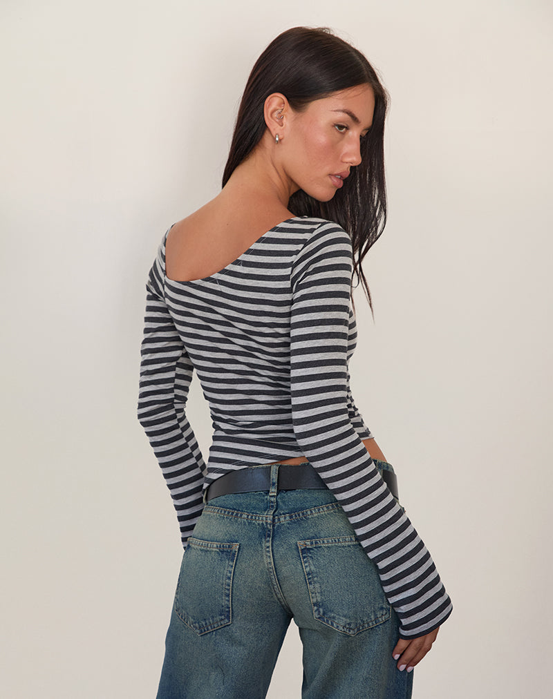 Image of Dalene Asymetrisches Langarm-Top in Grau und Schwarz gestreift