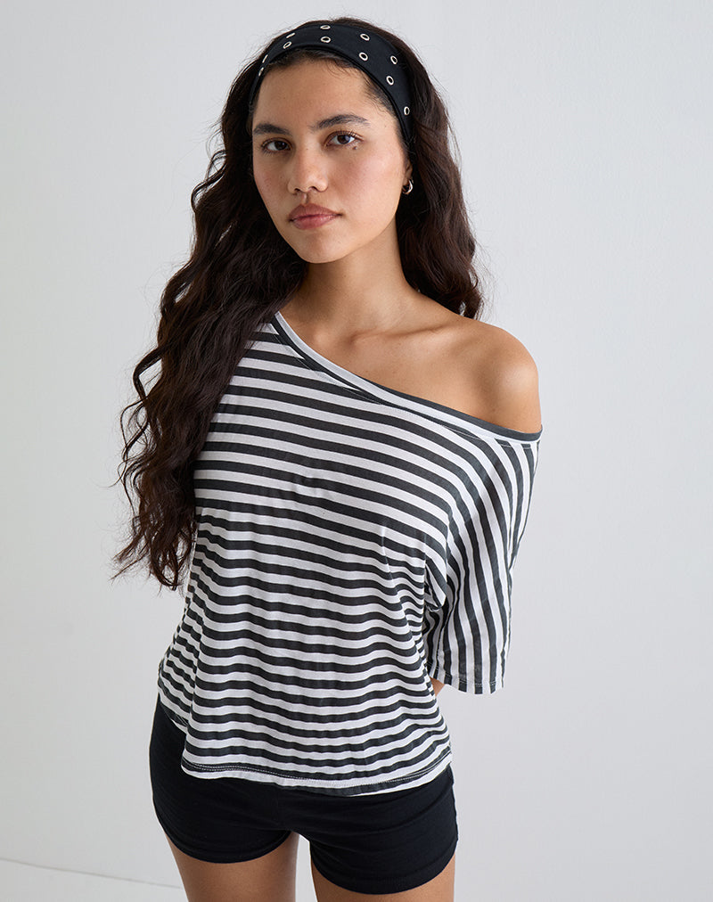 Bild von Daman Off Shoulder Basic Top in Elfenbein mit anthrazitfarbenen Streifen