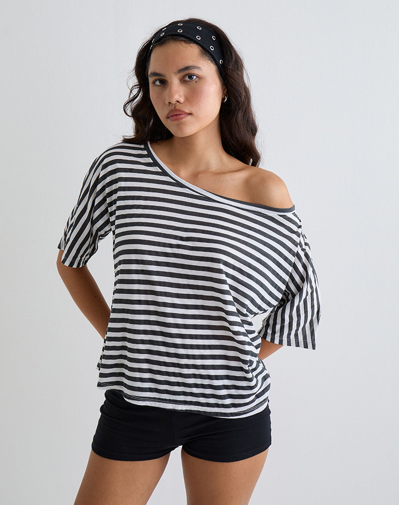 Daman schulterfreies Basic-Top in Elfenbein mit anthrazitfarbenen Streifen