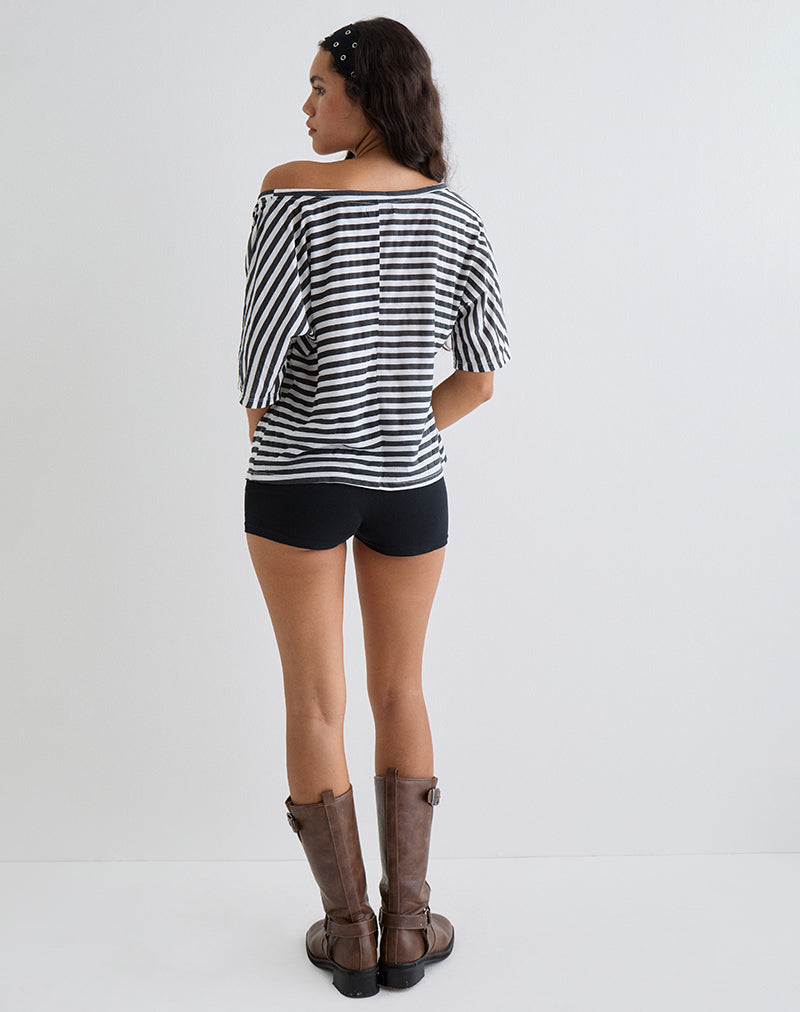 Bild von Daman Off Shoulder Basic Top in Elfenbein mit anthrazitfarbenen Streifen