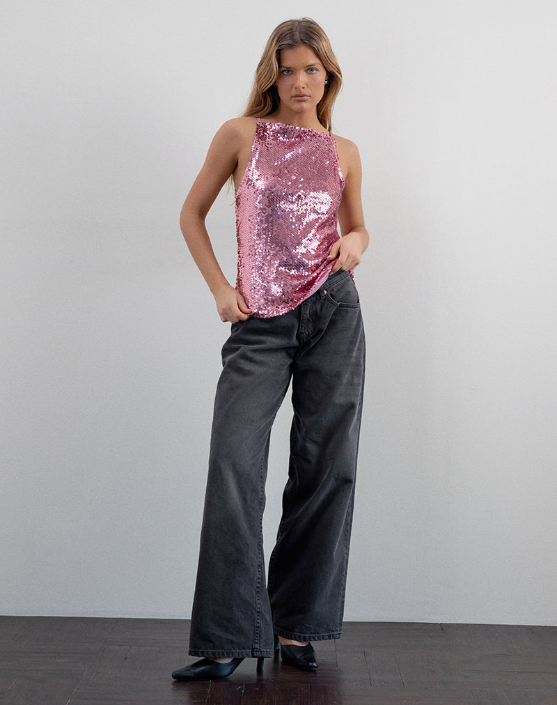 Damske Vest Top in Rosa Pailletten