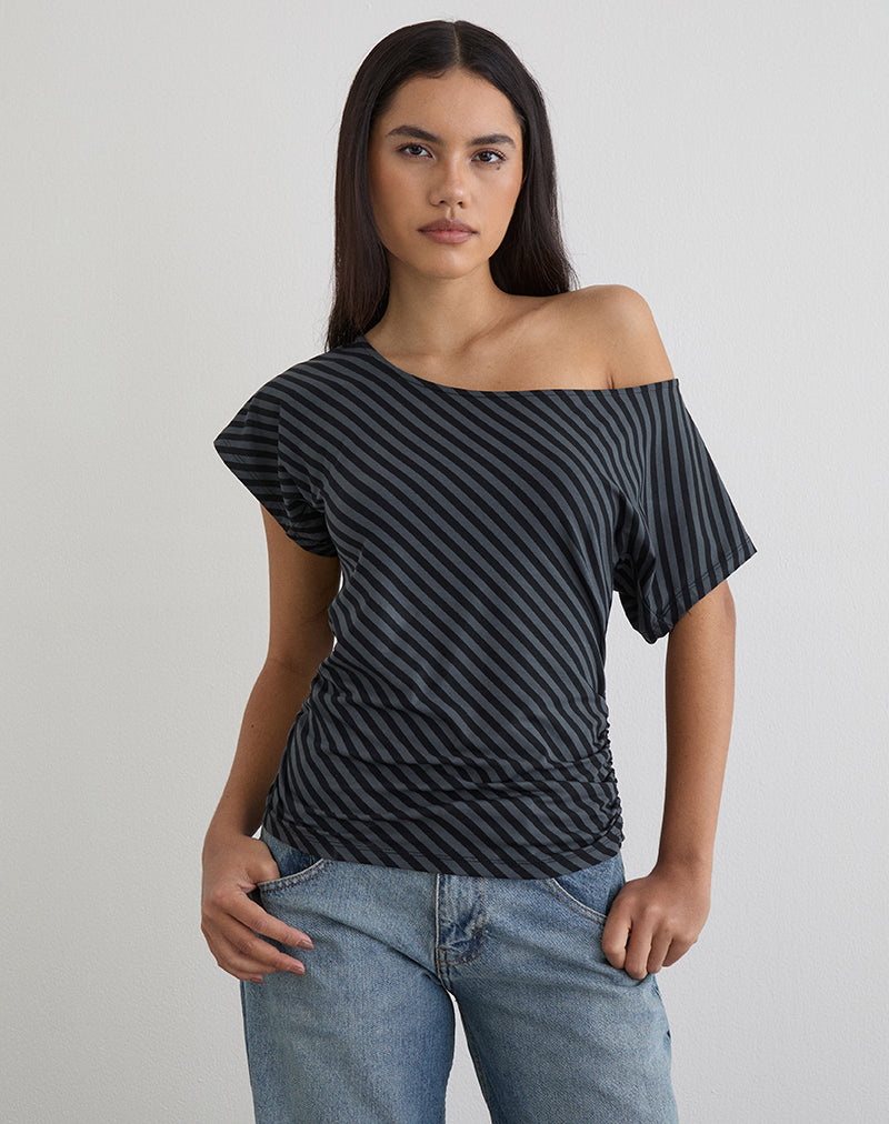 Bild von Danama One Shoulder Top in Oblique Stripe Ocean Storm