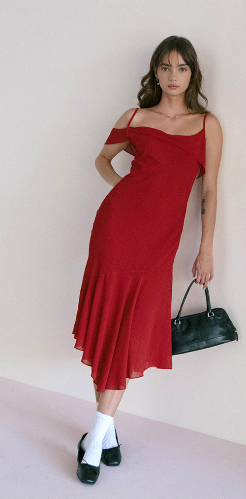 Image of Dansya Midi Chiffon Kleid in Rot