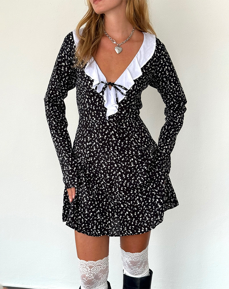 Darira Langärmeliges Minikleid in Ditsy Romance Schwarz