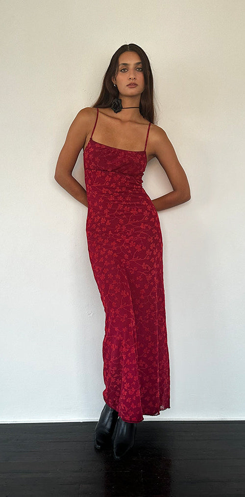 Image of Darsih Cami Maxikleid Rot Grunge Floral Flock