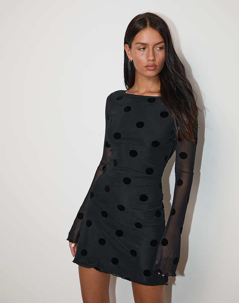 Image of Dasa Langärmeliges Minikleid in Big Polka Flock Schwarz