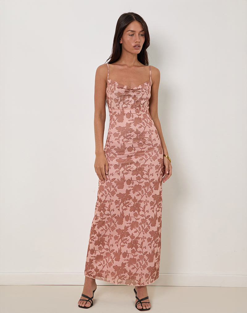 Image of Dasita Maxikleid mit Rundhalsausschnitt und neutralem Blumenmuster