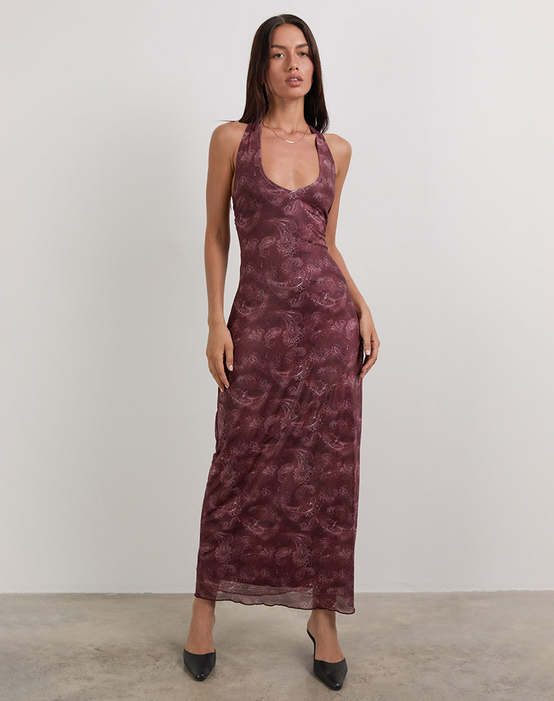 Datari Maxikleid aus Mesh Tonal Paisley Pflaume
