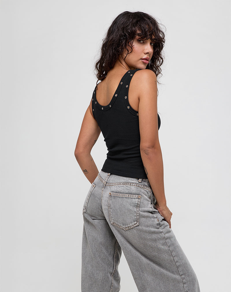 Image of Dax Eyelet Ribbed Vest Top in Schwarz