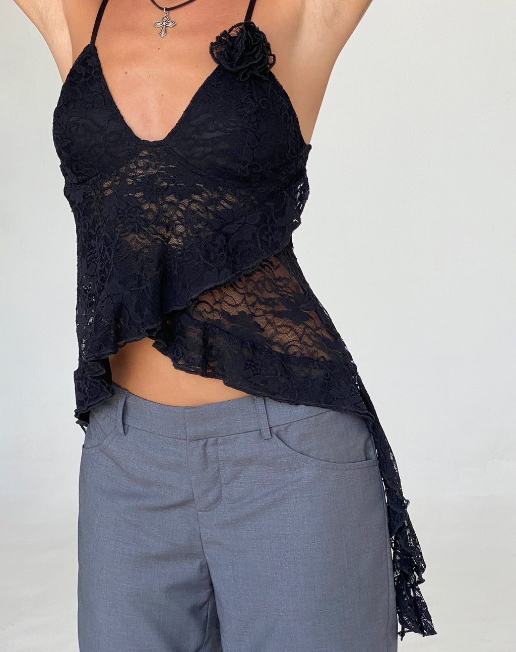 Daytona Ruffle Top aus Spitze Schwarz
