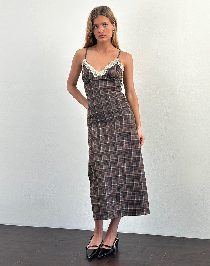 Delfina Midikleid aus Spitze mit braunem Karo