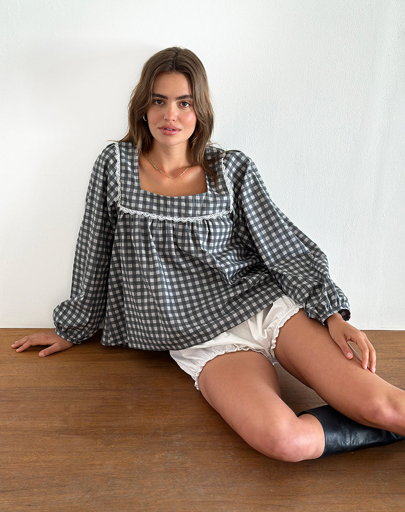 Demona Top in Tonal Gingham Schwarz und Grau