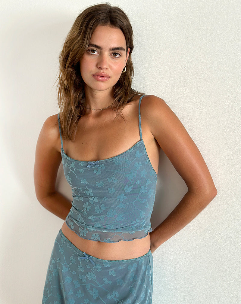 Image of Deri Cami Top in Grunge Floral Blau Grau