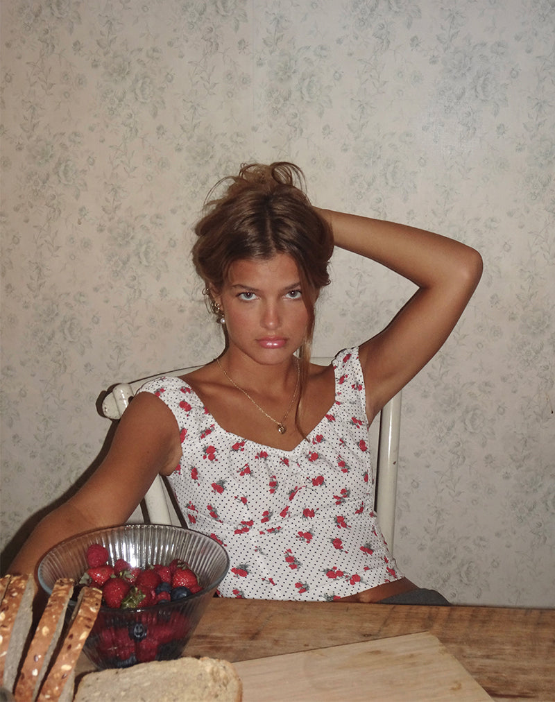 Derige Bardot Top in Weiß Rose Polka