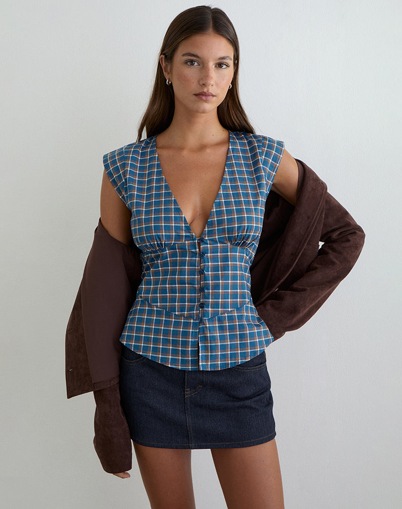 Devlon Bluse in mittelblauem Tartan