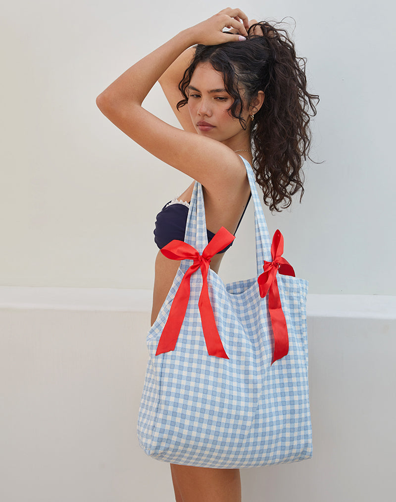 Barbara Tote Bag aus blauem Gingham mit roter Schleife