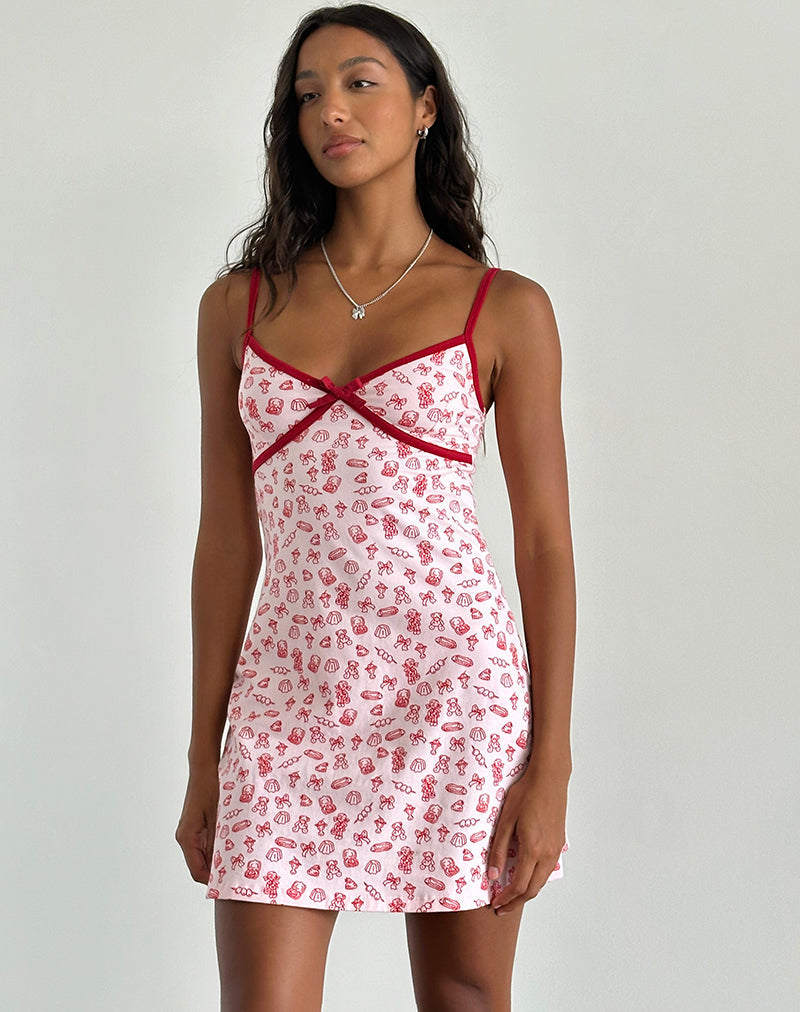 Dimaya Minikleid mit Girlie-Print und roter Borte