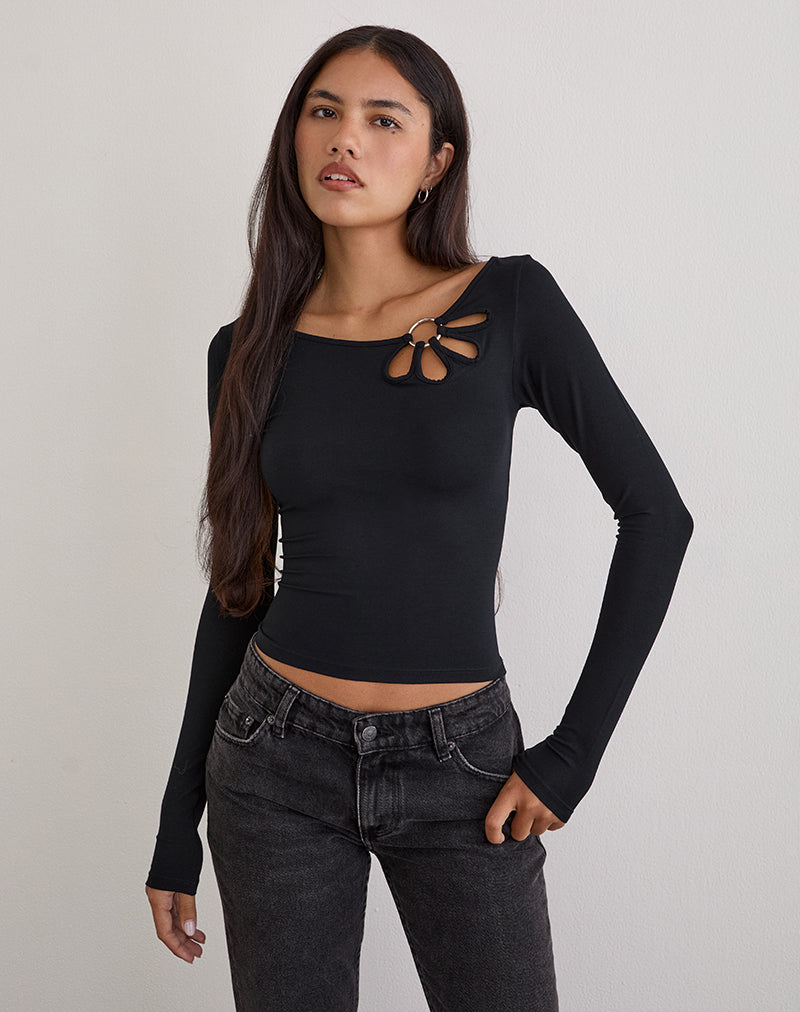 Donela Long Sleeve Top in Flower Ring Black