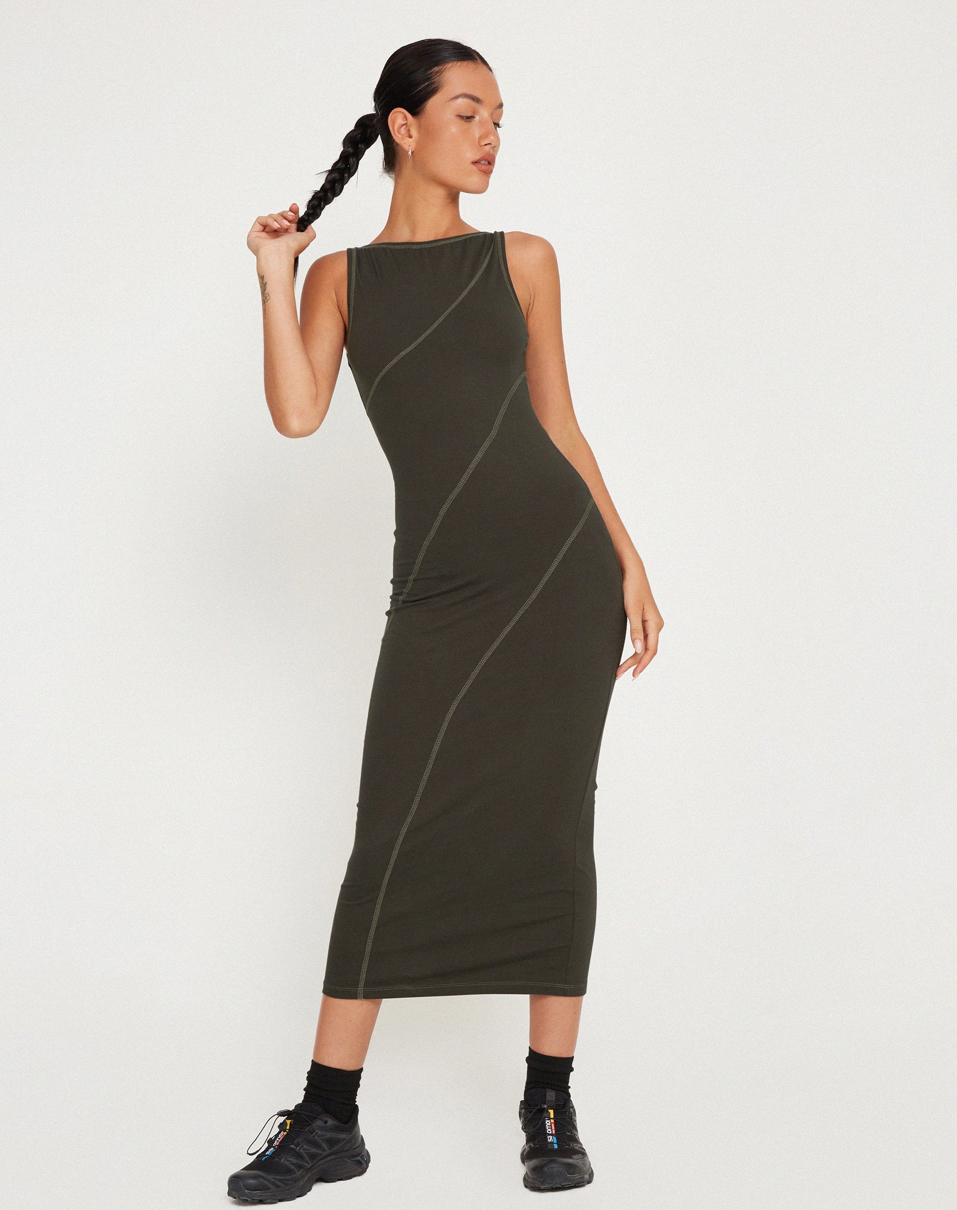 Image of Driki Midikleid in Gunmetal mit grauer Steppnaht