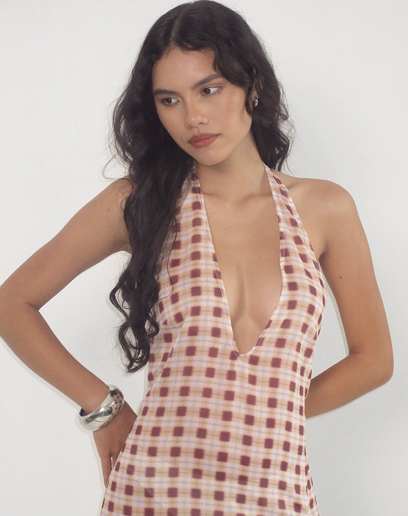 Driti Maxikleid aus Chiffon mit verschwommenem Karo Pfirsich