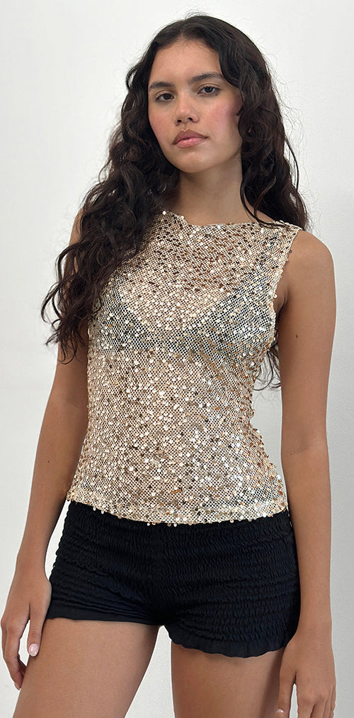 Bild von Dudley Vest Top aus Paillettennetz Gold