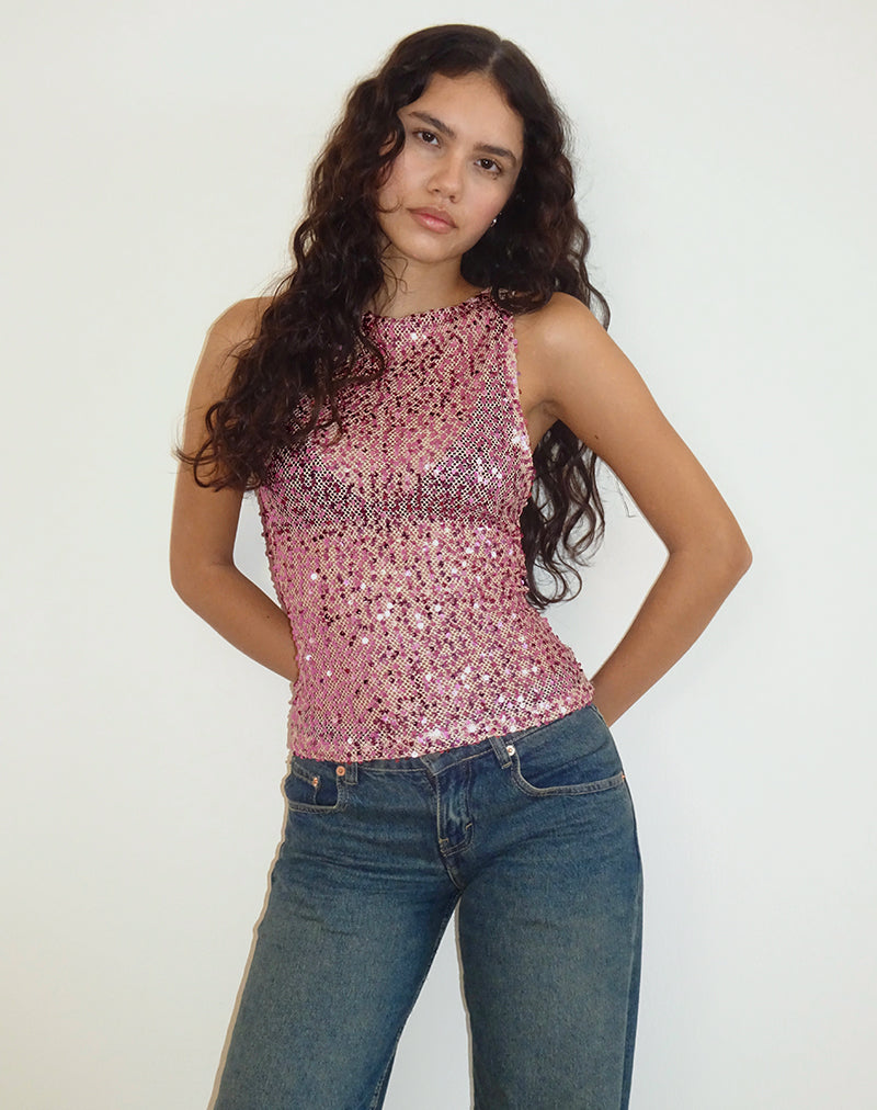 Image of Dudley Vest Top aus Paillettennetz Rose Gold