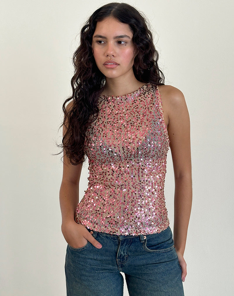 Image of Dudley Vest Top aus Paillettennetz Rose Gold
