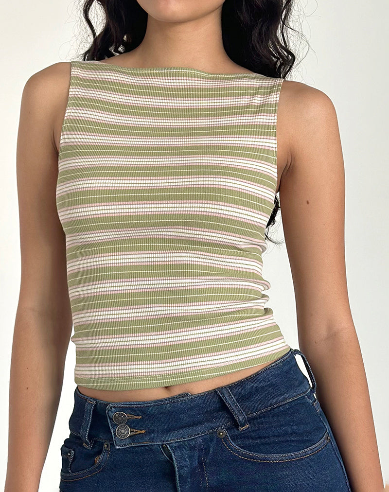 Dudley Vest Top in Grün, Rosa und Weiß gestreift