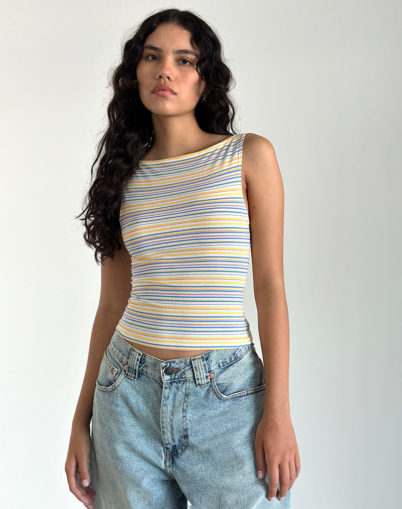 Dudley Vest Top in Blau, Weiß und Gelb gestreift