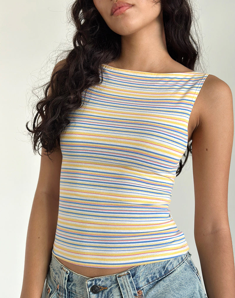 Dudley Vest Top in Blau, Weiß und Gelb gestreift