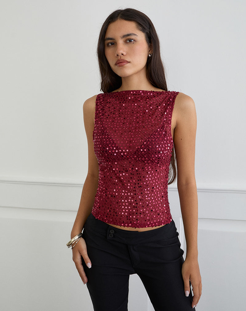 Dudley Vest Top aus Paillettenstrick in Burgund