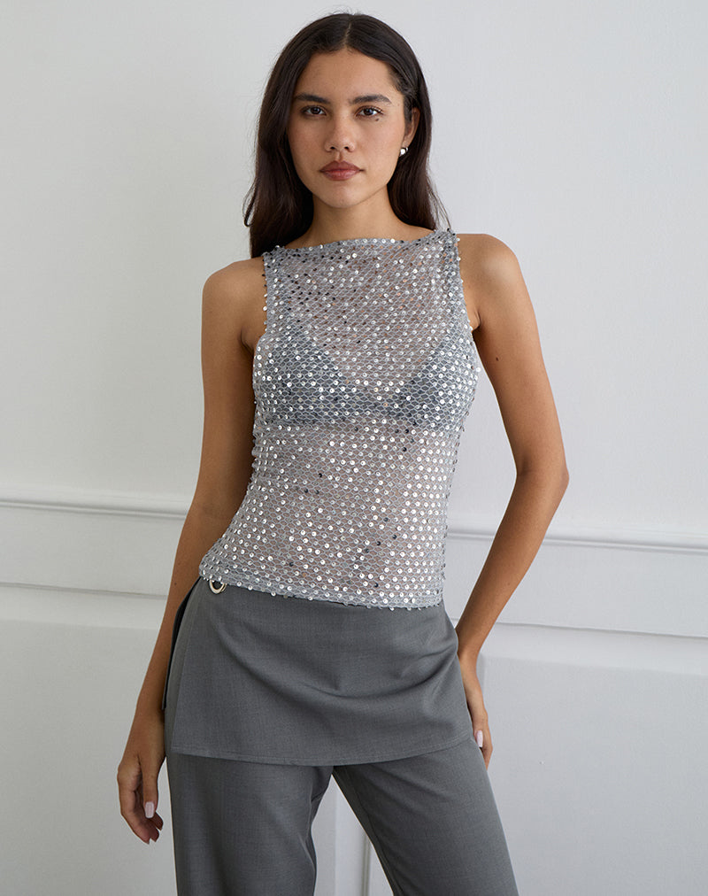 Dudley Vest Top aus Paillettenstrick in Dunkelsilber
