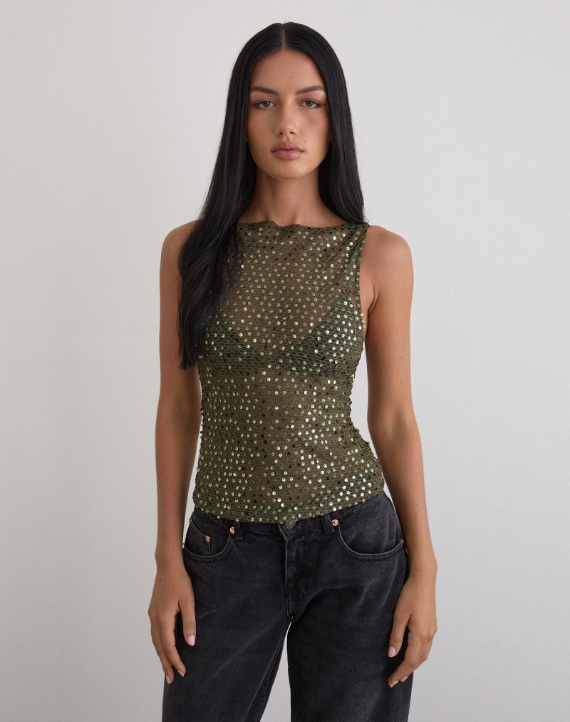 Image of Dudley Vest Top aus Paillettenstrick Olive
