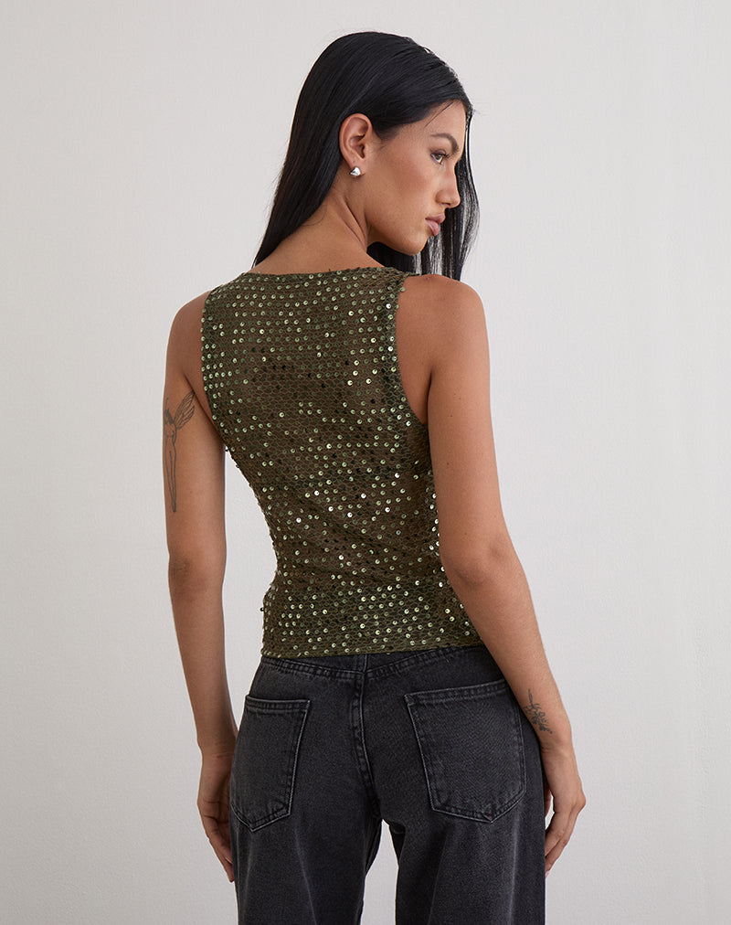 Image of Dudley Vest Top aus Paillettenstrick Olive