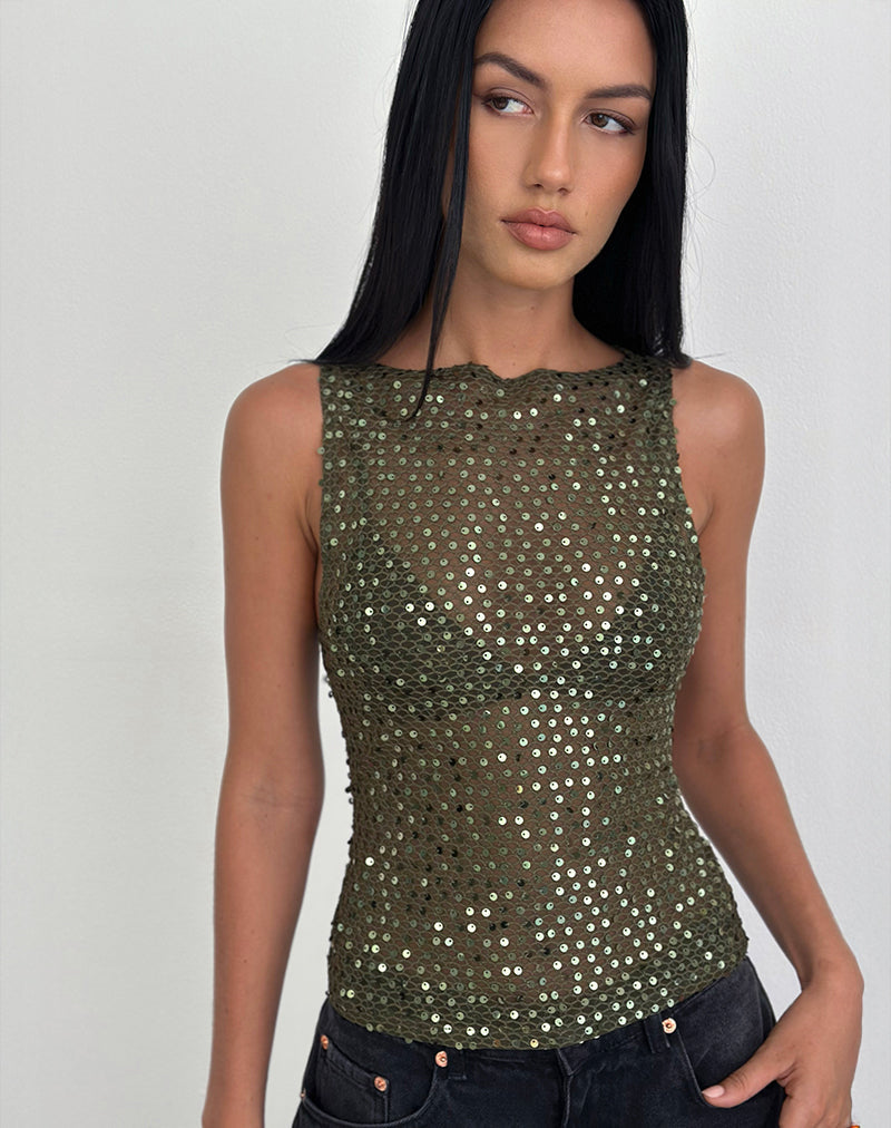 Image of Dudley Vest Top aus Paillettenstrick Olive