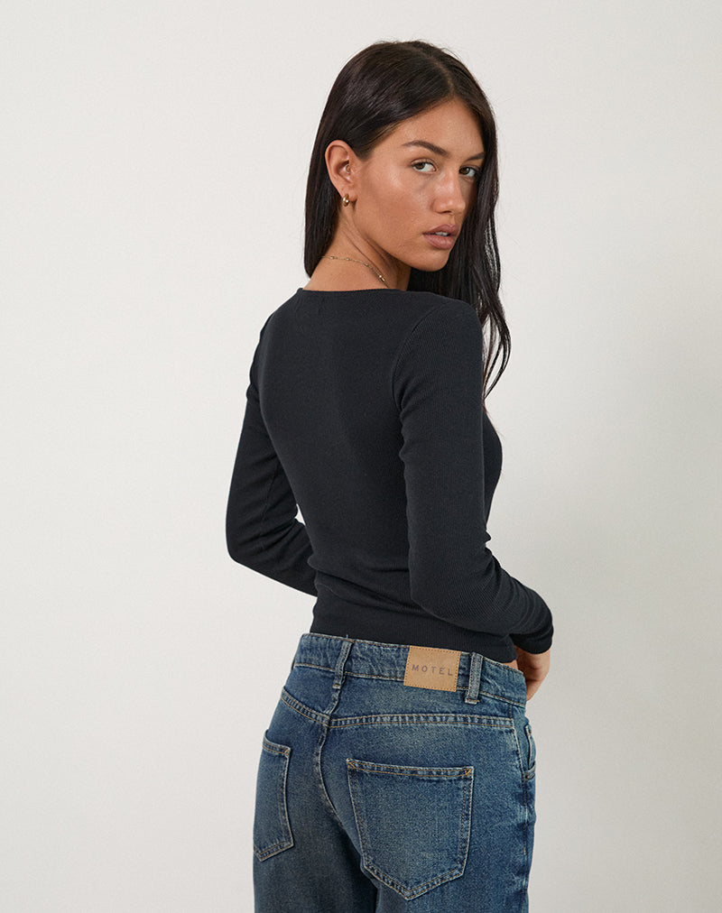 Image of Dulcet Geripptes Langarm-Top mit tiefem Ausschnitt in Schwarz
